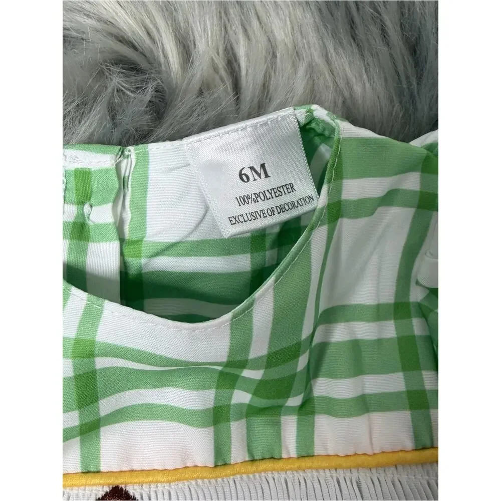 green plaid smocked baby bubble romper farm animal embroidery size 3-6 months